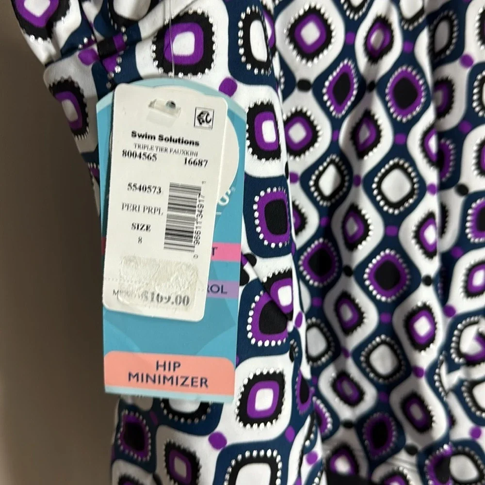 Swim Solutions Triple Tier Fauxkini Tankini Top Purple Geometric Mod 8 NEW - Picture 3 of 4
